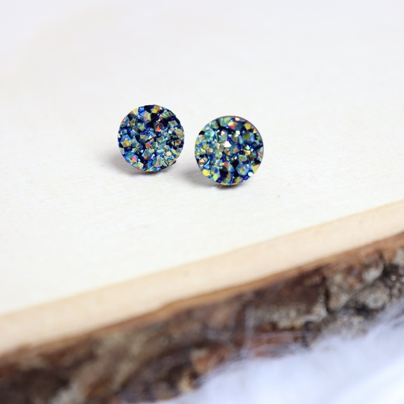 Handmade Jewelry - Blue Green Faux Druzy Stud Earrings - 12mm